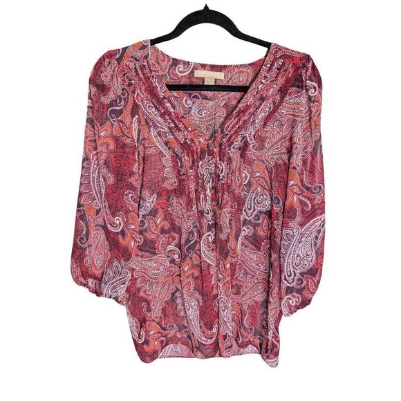 BANANA REPUBLIC Button Front V-Neck Red Paisley Print Blouse Women's Size Medium - Picture 1 of 5
